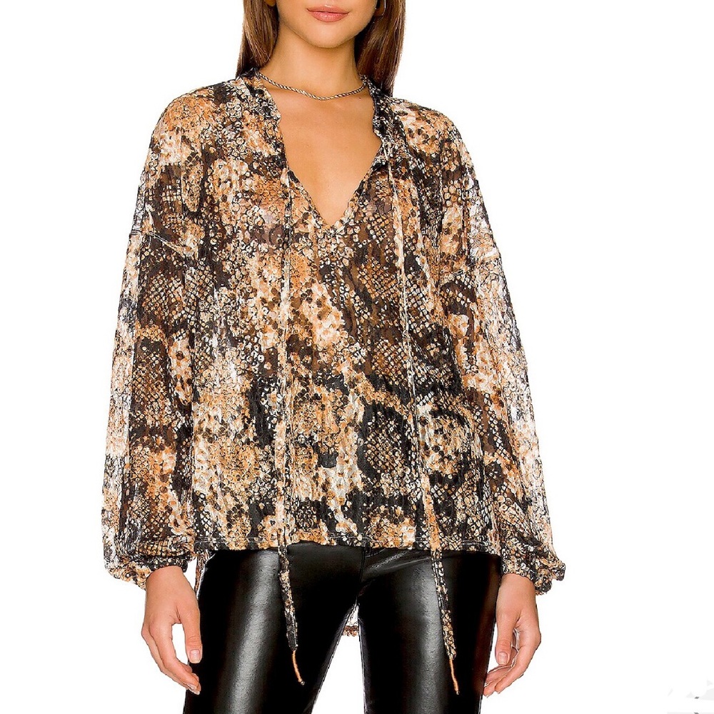 Free People Out For The Night Oversized Long Sleeve Semi Sheer Lace Top Size XS